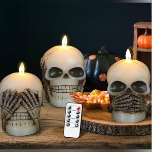 SEE NO EVIL HEAR NO EVIL SPEAK NO EVIL SKULL Halloween LED CANDLES WITH REMOTE